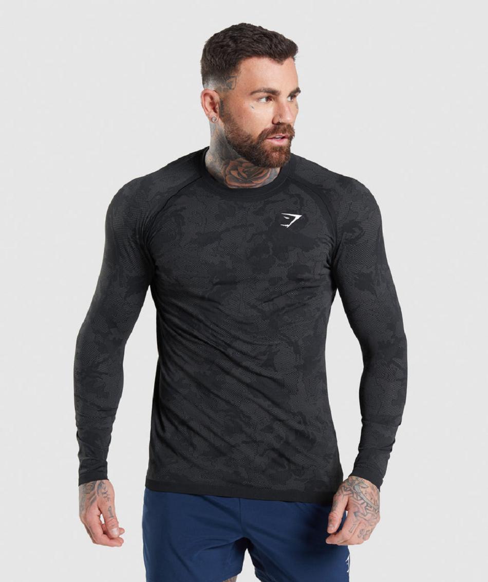 Gymshark Geo Seamless Muške Dugi Rukav Crne Sive | HR 2678CTV